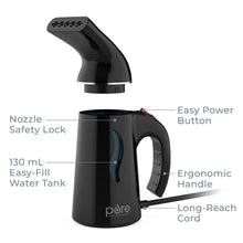 Load image into Gallery viewer, PureSteam™ Portable Fabric Steamer - Nozzle Safety Lock, Easy Power Button, 130 mL Easy-Fill Water Tank, Ergonomic Handle, And Long-Reach Cord