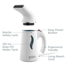 Load image into Gallery viewer, PureSteam™ Portable Fabric Steamer - Nozzle Safety Lock, Easy Power Button, 130 mL Easy-Fill Water Tank, Ergonomic Handle, And Long-Reach Cord