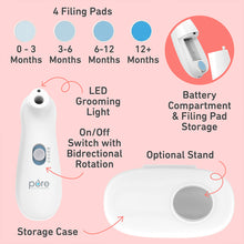 Load image into Gallery viewer, PureBaby® Electric Nail Trimmer - LED Grooming Light, On/Off Switch With Bidirectional Rotation, Battery Compartment & Filing Pad Storage, Storage Case, And Optional Stand