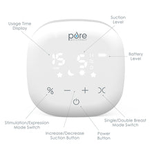 Load image into Gallery viewer, PureBaby® Double Electric Breast Pump | Product Features Include Usage Time Display, Suction Level, Battery Level, Stimulation/Expression Mode Switch, Increase/Decrease Suction Button, Power Button, And Single/Double Breast Mode Switch