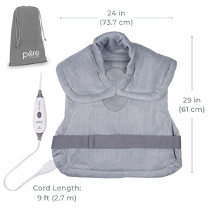 PureRelief® XL Extra-Long Back & Neck Heating Pad, Gray. Dimensions Image.