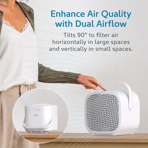 PureZone™ DUO Tabletop Air Purifier - White - Enhance Air Quality With Dual Airflow - Tilts 90 Degrees To Filter Air Horizontally In Larger Spaces And Vertically In Small Spaces