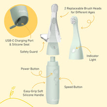 Load image into Gallery viewer, PureBaby® Infant-to-Toddler Electric Toothbrush - Sage Green - Features Include Safety Guard, Indicator Light, Power/Speed Buttons, And More
