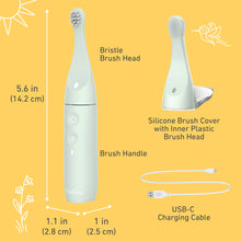 Load image into Gallery viewer, PureBaby® Infant-to-Toddler Electric Toothbrush - Sage Green - What’s In The Box And Product Dimensions