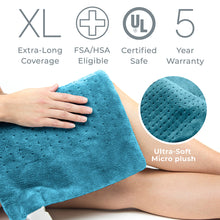 Load image into Gallery viewer, PureRelief® XL – King Size Heating Pad - Turquoise Blue | Extra-Long Coverage, FSA/HSA Eligible, Certified Safe, 5 Year Warranty, And Ultra-Soft Micro Plush