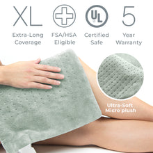 Load image into Gallery viewer, PureRelief® XL Electric Heating Pad - Zen Green | Extra-Long Coverage, FSA/HSA Eligible, Certified Safe, 5 Year Warranty, And Ultra-Soft Micro Plush