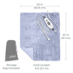 PureRelief® XXL Ultra-Wide Microplush Heating Pad | Periwinkle Powder | Dimensions + And What’s In The Box