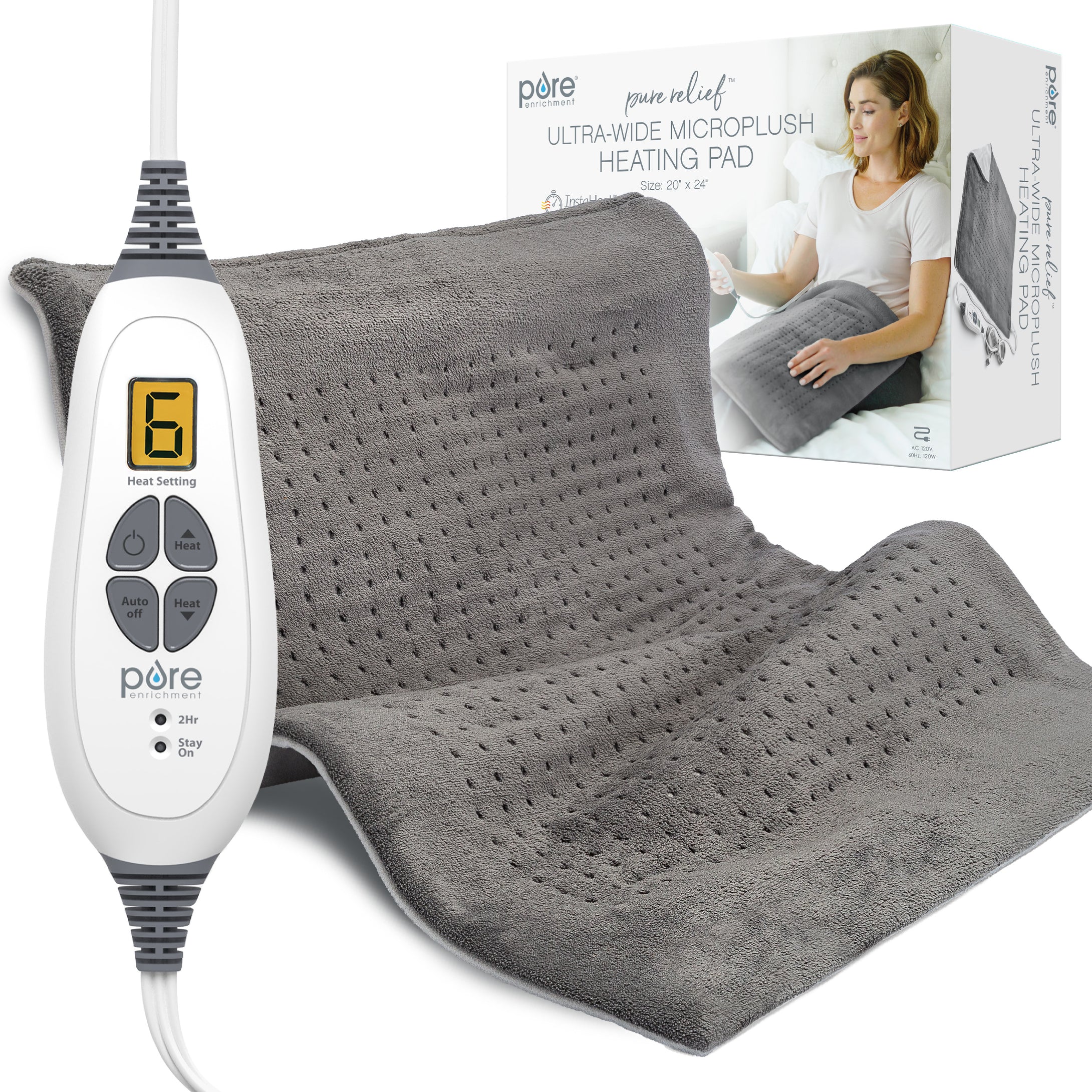 PureRelief® XXL Ultra-Wide Microplush Heating Pad | Gray | Pure Enrichment® Official Site