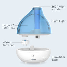 Load image into Gallery viewer, MistAire™ Ultrasonic Cool Mist Humidifier | Pure Enrichment® - 360° Mist Nozzle, Night Light, Large 1.7-Liter Tank, Water Tank Cap, and Humidifier Base