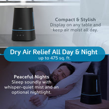 Load image into Gallery viewer, HUME™ Max Top Fill Humidifier - Black | Dry Air Relief All Day &amp; Night Up To 475 Sq. Ft | Compact &amp; Stylish - Display On Any Table And Keep Air Moist All Day | Peaceful Nights - Sleep Soundly With Whisper-Quiet Mist And An Optional Nightlight