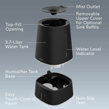 Load image into Gallery viewer, HUME™ Max Top Fill Humidifier - Black | Product Features Include Mist Outlet, Removable Upper Cover For Optional Sink Refills, Top-Fill Opening, 3.7-Liter Water Tank, Water Level Indicator, Humidifier Tank Base, Easy Touch-Control Panel, And Non-Slip Feet