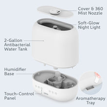 Load image into Gallery viewer, HUME™ Sense Warm &amp; Cool Mist Top Fill Humidifier - Cover &amp; 360 Mist Nozzle, Soft-Glow Night Light, 2-Galloon Antibacterial Water Tank, Humidifier Base, Touch-Control Panel, And Aromatherapy Tray