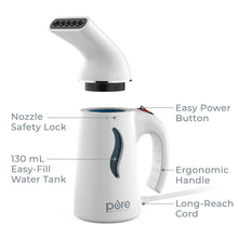 Load image into Gallery viewer, PureSteam™ Portable Fabric Steamer - White | The steamer includes a nozzle safety lock and ergonomic handle