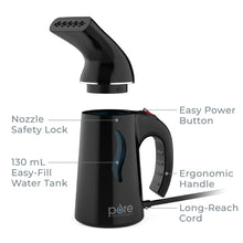 Load image into Gallery viewer, PureSteam™ Portable Fabric Steamer - Black | The steamer includes a nozzle safety lock and ergonomic handle