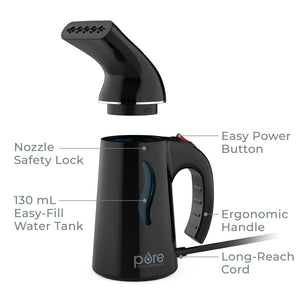 PureSteam™ Portable Fabric Steamer - Black | The steamer includes a nozzle safety lock and ergonomic handle
