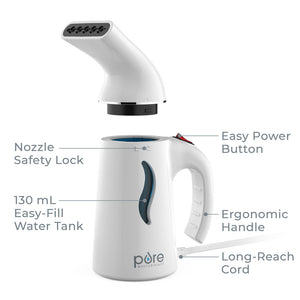 PureSteam™ Portable Fabric Steamer - White | The steamer includes a nozzle safety lock and ergonomic handle