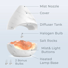 Load image into Gallery viewer, PureGlow™ Crystal Himalayan Salt Rock Lamp &amp; Essential Oil Diffuser - Marble | Product Features Include Mist Nozzle, Cover, Diffuser Tank, Halogen Bulb, Salt Rocks, Mist &amp; Light Buttons, Heated Lamp Base, And 2 Bonus Bulbs