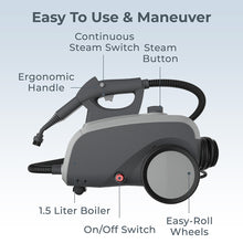 Load image into Gallery viewer, PureClean™ XL Rolling Steam Cleaner | Easy To Use &amp; Maneuver - On/Off Switch, 1.5 Liter Boiler, Continuous Steam Switch, Steam Button, Ergonomic Handle, And Easy-Roll Wheels