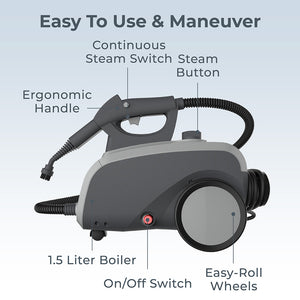 PureClean™ XL Rolling Steam Cleaner | Easy To Use & Maneuver - On/Off Switch, 1.5 Liter Boiler, Continuous Steam Switch, Steam Button, Ergonomic Handle, And Easy-Roll Wheels